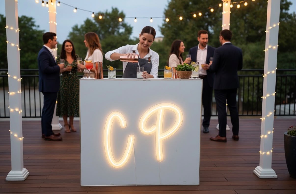 Bartender pouring cocktails behind a white mobile bar on a string-lit evening deck at a private event