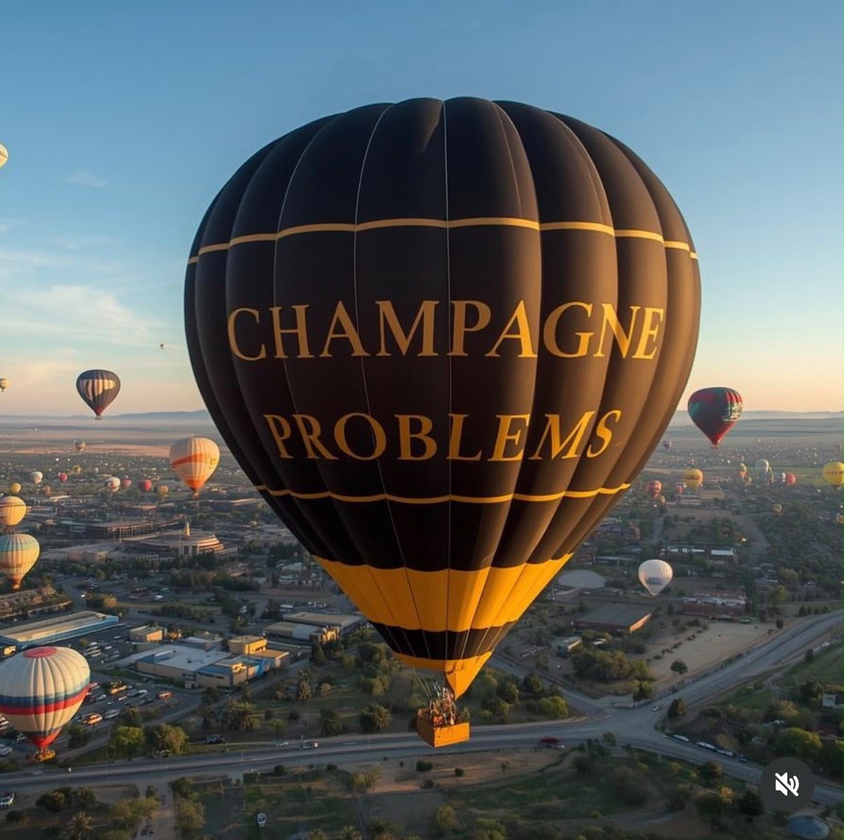 Champagne Problems branded hot air balloon floating over a New Mexico event at sunrise