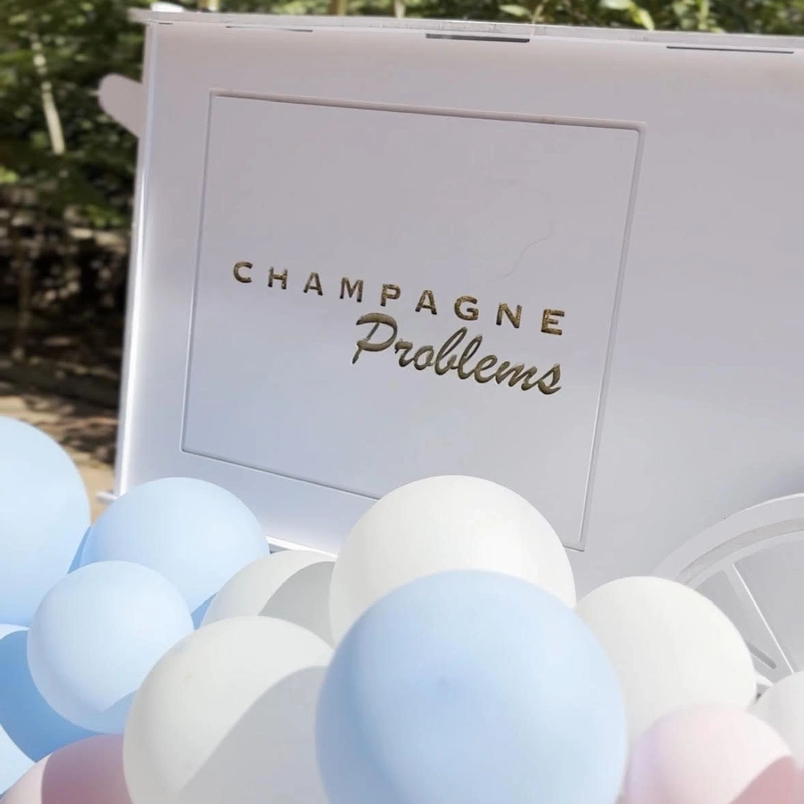 Champagne Problems bar sign surrounded by pastel balloons at a baby shower